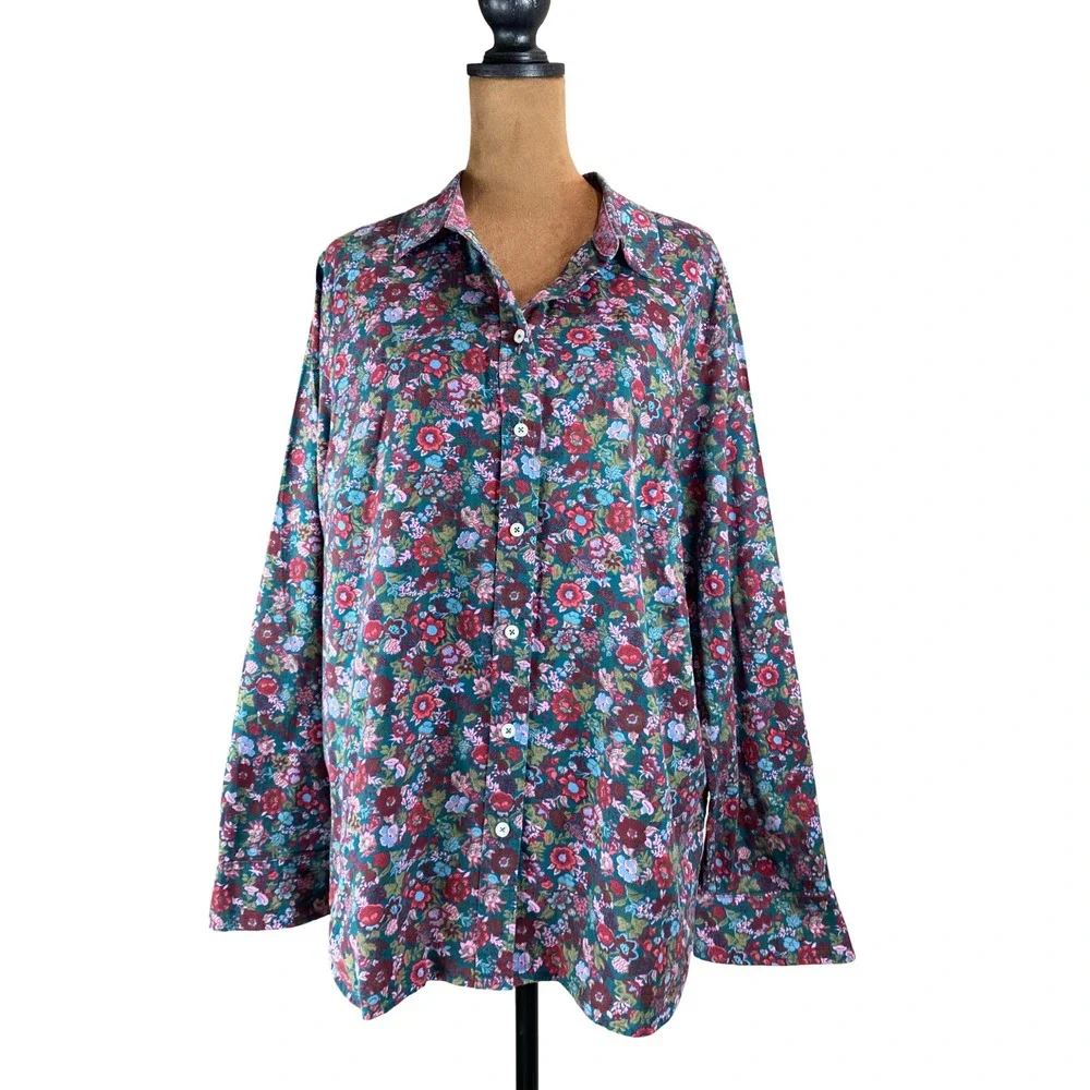 Talbots Womens Floral Button Down Shirt Teal Burgundy Cotton Rayon Size L Fall